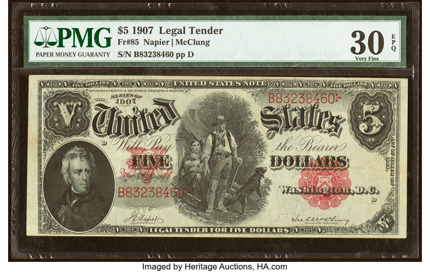 image for: Fr. 85 $5 1907 Legal Tender PMG Very Fine 30 EPQ....