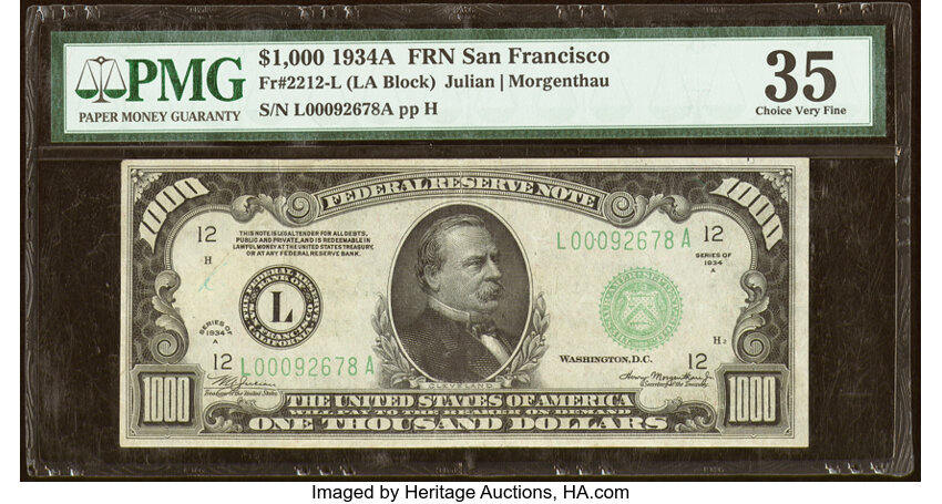 image for: Fr. 2212-L $1,000 1934A Federal Reserve Note. PMG Choice Very Fine 35....