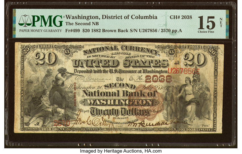 image for: Washington, DC - $20 1882 Brown Back Fr. 499 The Second National Bank Ch. # 2038 PMG Choice Fine 15 Net....