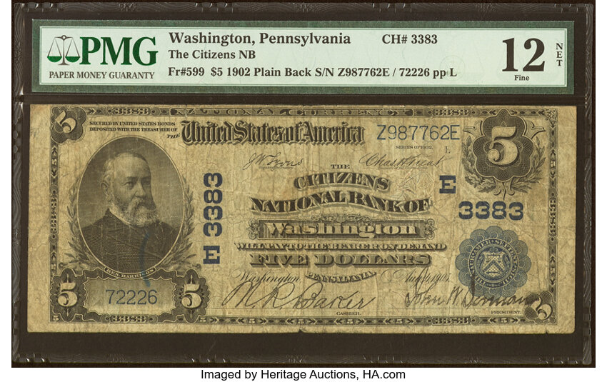 image for: Washington, PA - $5 1902 Plain Back Fr. 599 The Citizens National Bank Ch. # (E)3383 PMG Fine 12 Net....