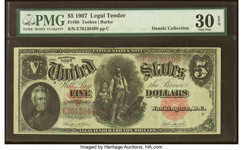 image for: Fr. 88 $5 1907 Legal Tender PMG Very Fine 30 EPQ....