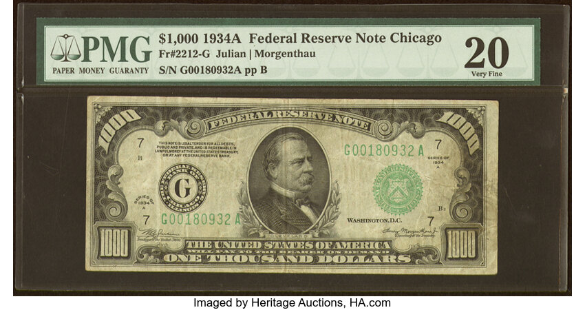 image for: Fr. 2212-G $1,000 1934A Federal Reserve Note. PMG Very Fine 20....