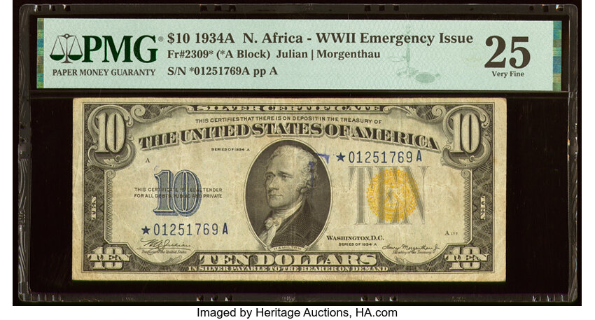 image for: Fr. 2309* $10 1934A North Africa Silver Certificate Star Note. PMG Very Fine 25....
