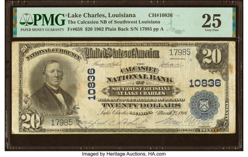image for: Lake Charles, LA - $20 1902 Plain Back Fr. 658 The Calcasieu National Bank of Southwest Louisiana Ch. # 10836 PMG Very Fine 25...