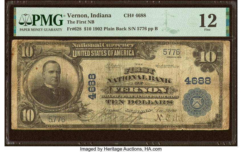 image for: Vernon, IN - $10 1902 Plain Back Fr. 628 The First National Bank Ch. # 4688 PMG Fine 12....