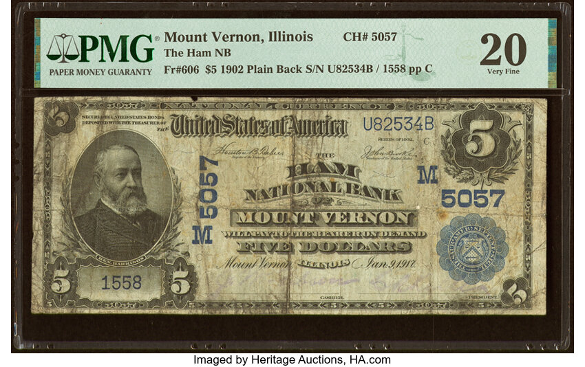 image for: Mount Vernon, IL - $5 1902 Plain Back Fr. 606 The Ham National Bank Ch. # (M)5057 PMG Very Fine 20....