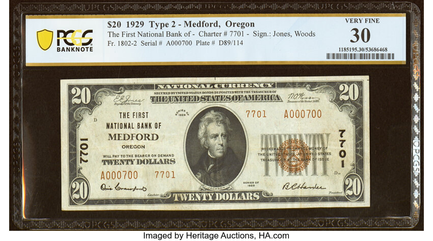 image for: Medford, OR - $20 1929 Ty. 2 The First National Bank Ch. # 7701 PCGS Very Fine 30....