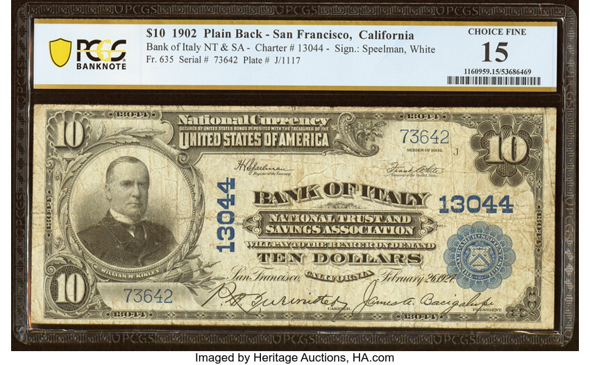 image for: San Francisco, CA - $10 1902 Plain Back Fr. 635 Bank of Italy National Trust & Savings Assoc Ch. # 13044 PCGS Banknote Choice ...