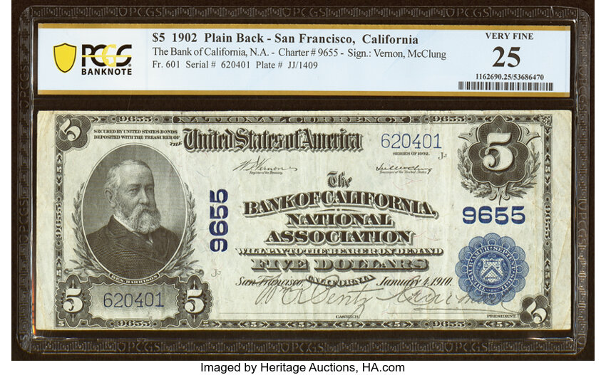 image for: San Francisco, CA - $5 1902 Plain Back Fr. 601 The Bank of California National Assoc Ch. # 9655 PCGS Banknote Very Fine 25....