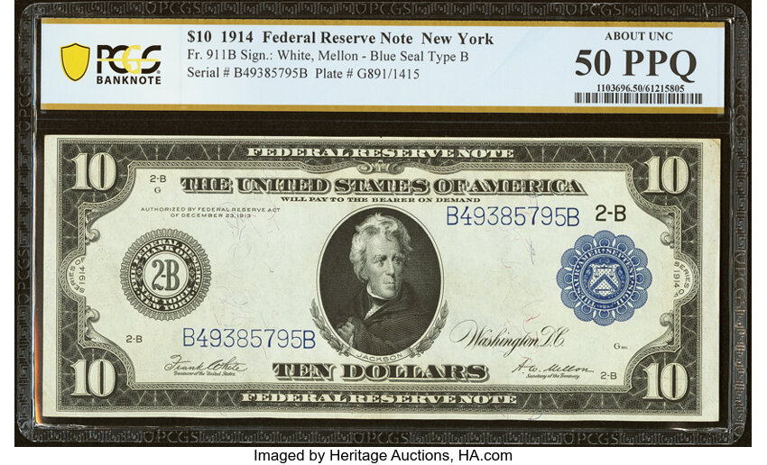 image for: Fr. 911b $10 1914 Federal Reserve Note PCGS Banknote About Unc 50 PPQ....