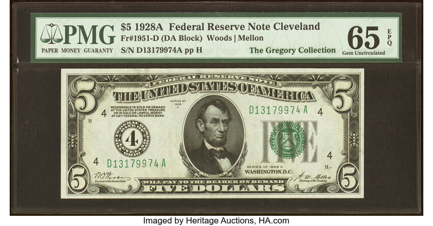image for: Fr. 1951-D $5 1928A Federal Reserve Note. PMG Gem Uncirculated 65 EPQ....