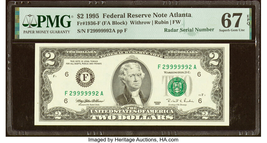image for: Fancy Radar Serial Number 29999992 Fr. 1936-F $2 1995 Federal Reserve Note. PMG Superb Gem Unc 67 EPQ....