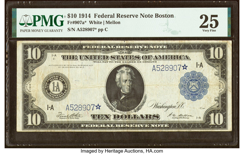 image for: Fr. 907a* $10 1914 Federal Reserve Star Note PMG Very Fine 25....