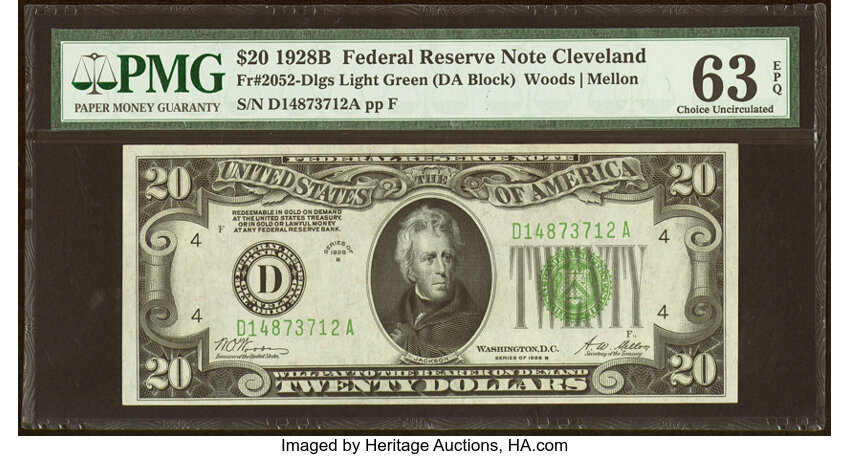 image for: Fr. 2052-D $20 1928B Light Green Seal Federal Reserve Note. PMG Choice Uncirculated 63 EPQ....