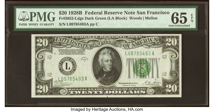image for: Fr. 2052-L $20 1928B Federal Reserve Note. PMG Gem Uncirculated 65 EPQ....