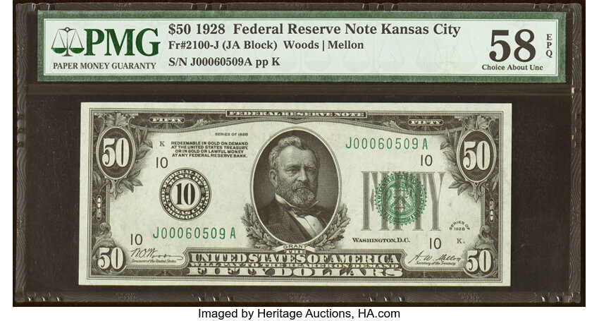 image for: Fr. 2100-J $50 1928 Federal Reserve Note. PMG Choice About Unc 58 EPQ....
