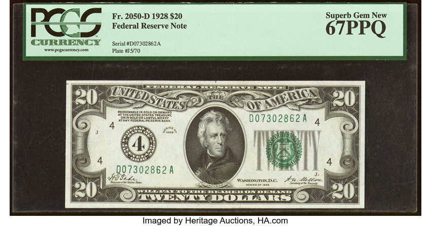 image for: Fr. 2050-D $20 1928 Federal Reserve Note. PCGS Superb Gem New 67PPQ....