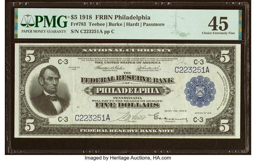 image for: Fr. 783 $5 1918 Federal Reserve Bank Note PMG Choice Extremely Fine 45....