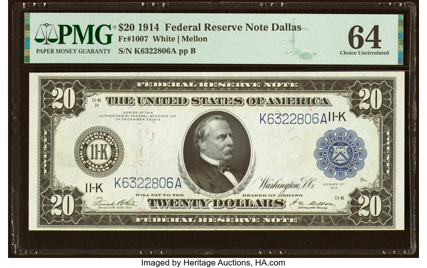 image for: Fr. 1007 $20 1914 Federal Reserve Note PMG Choice Uncirculated 64....