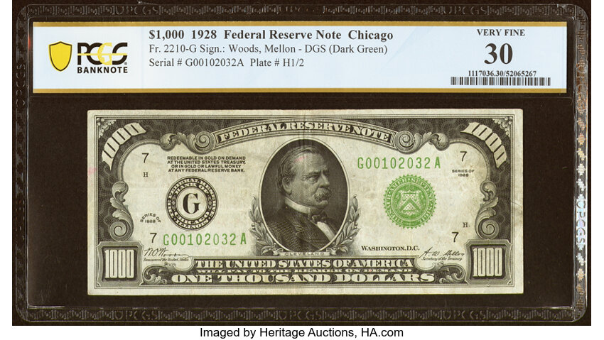 image for: Fr. 2210-G $1,000 1928 Federal Reserve Note. PCGS Banknote Very Fine 30....