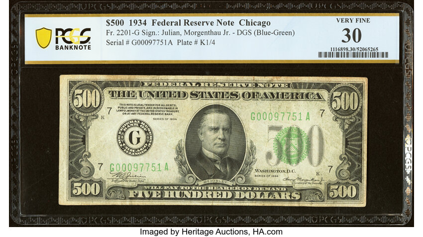 image for: Fr. 2201-G $500 1934 Federal Reserve Note. PCGS Banknote Very Fine 30....