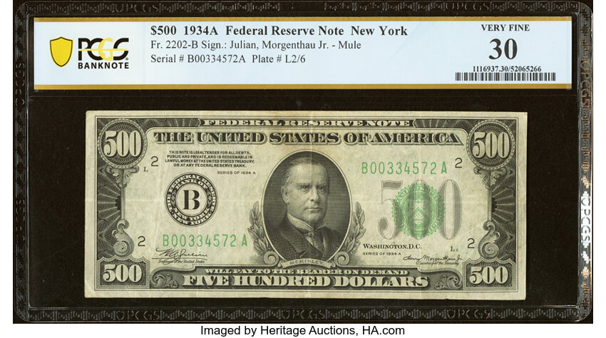 image for: Fr. 2202-B $500 1934A Federal Reserve Note. PCGS Banknote Very Fine 30....
