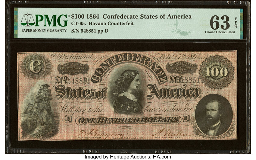 image for: CT65/491 $100 1864 "Havana Counterfeit" PMG Choice Uncirculated 63 EPQ....