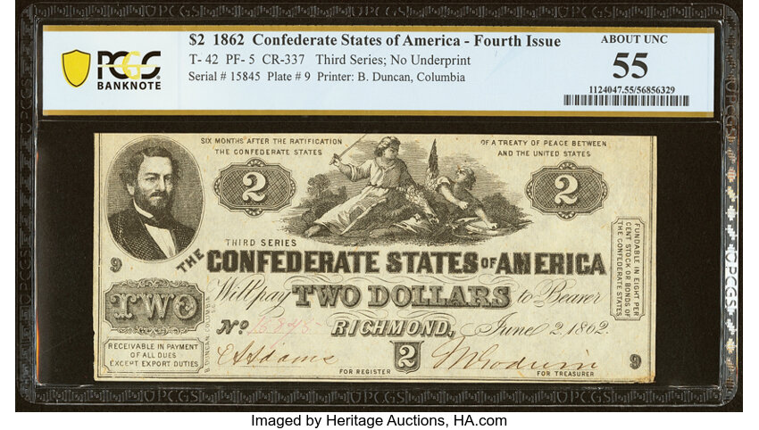 image for: T42 $2 1862 PF-5 Cr. 337 PCGS Banknote About Unc 55....