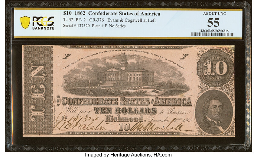 image for: T52 $10 1862 PF-2 Cr. 376 PCGS Banknote About Unc 55....