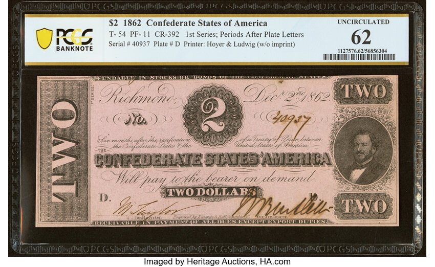 image for: T54 $2 1862 PF-11 Cr. 392 PCGS Banknote Uncirculated 62....