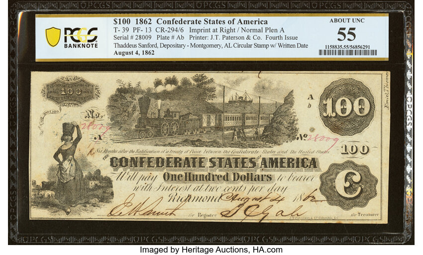 image for: T39 $100 1862 PF-13 Cr. 294 PCGS Banknote About Unc 55....