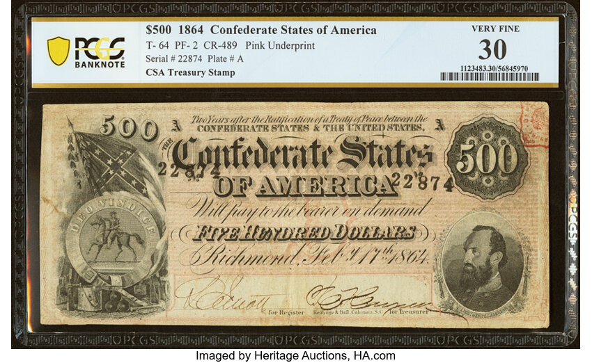 image for: T64 $500 1864 PF-2 Cr. 489 PCGS Banknote Very Fine 30....