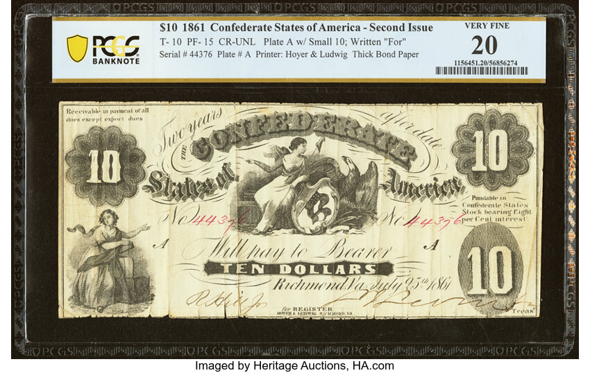 image for: T10 $10 1861 PF-15 Cr. UNL. PCGS Banknote Very Fine 20....