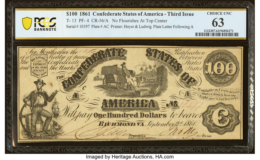 image for: T13 $100 1861 PF-4 Cr. 56/56A PCGS Banknote Choice Unc 63....