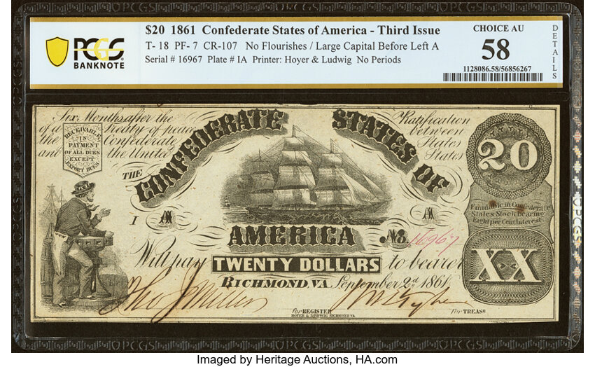 image for: T18 $20 1861 PF-7 Cr. 107 PCGS Banknote Choice AU 58 Details....