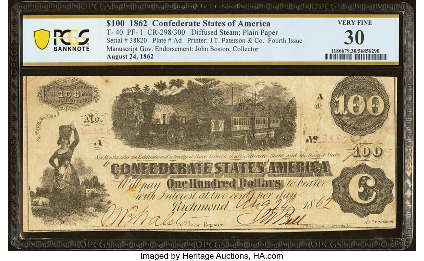 image for: T40 $100 1862 PF-1 Cr. 298 PCGS Banknote Very Fine 30....
