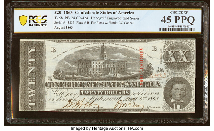 image for: T58 $20 1863 PF-24 Cr. 424 PCGS Banknote Choice XF 45 PPQ....