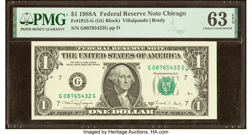 image for: Partial Descending Ladder Serial Number 08765432 Fr. 1915-G $1 1988A Federal Reserve Note. PMG Choice Uncirculated 63 EPQ....