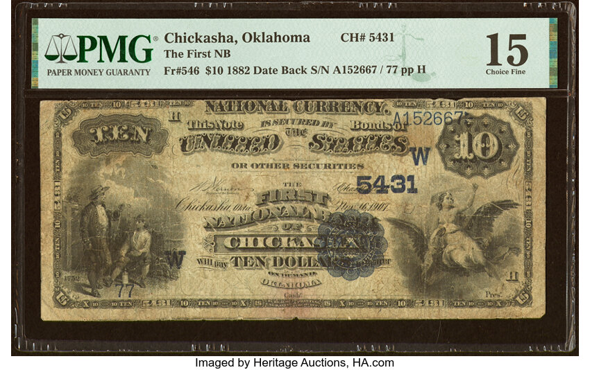 image for: Chickasha, OK - $10 1882 Date Back Fr. 546 The First National Bank Ch. # (W)5431 PMG Choice Fine 15....