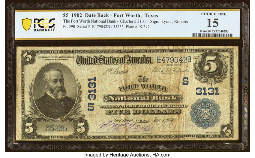 image for: Fort Worth, TX - $5 1902 Date Back Fr. 590 The Fort Worth National Bank Ch. # (S)3131 PCGS Banknote Choice Fine 15....