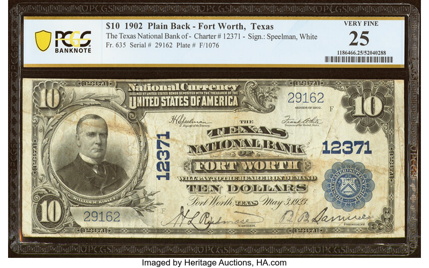 image for: Fort Worth, TX - $10 1902 Plain Back Fr. 635 The Texas National Bank Ch. # 12371 PCGS Banknote Very Fine 25....