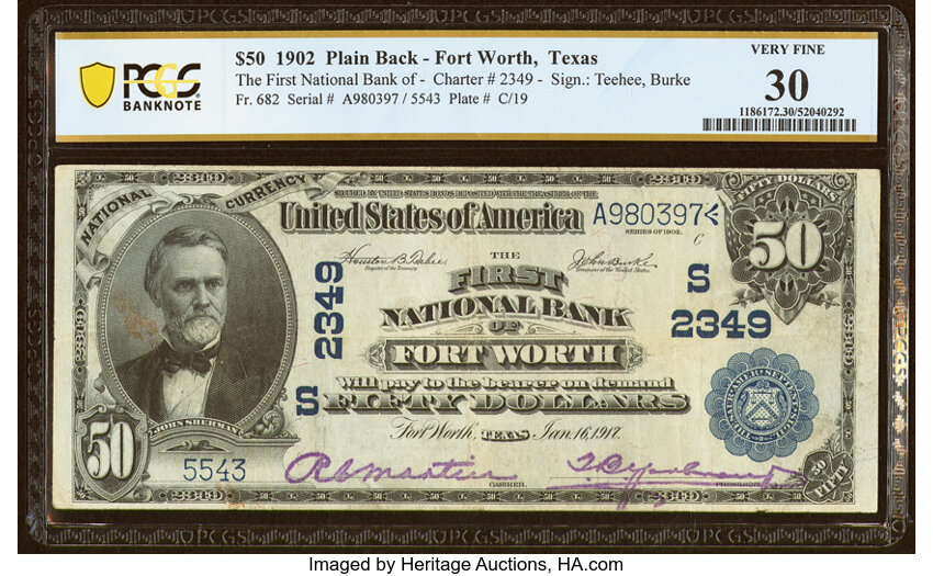 image for: Fort Worth, TX - $50 1902 Plain Back Fr. 682 The First National Bank Ch. # (S)2349 PCGS Banknote Very Fine 30....