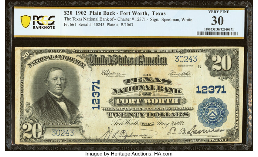 image for: Fort Worth, TX - $20 1902 Plain Back Fr. 661 The Texas National Bank Ch. # 12371 PCGS Banknote Very Fine 30....