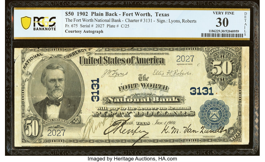 image for: Courtesy Autographed Fort Worth, TX - $50 1902 Plain Back Fr. 675 The Fort Worth National Bank Ch. # 3131 PCGS Banknote Very F...