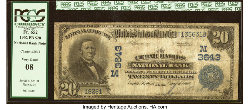 image for: Cedar Rapids, IA - $20 1902 Plain Back Fr. 652 The Cedar Rapids National Bank Ch. # (M)3643 PCGS Very Good 8....