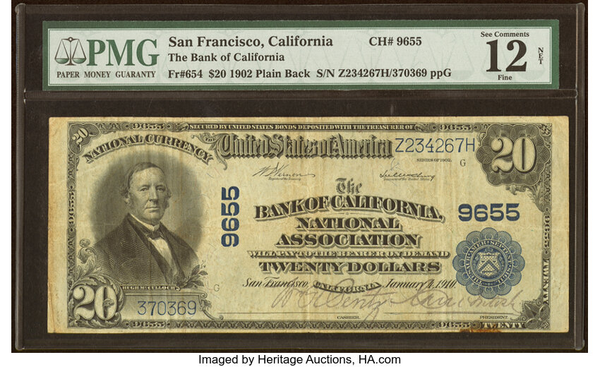 image for: San Francisco, CA - $20 1902 Plain Back Fr. 654 The Bank of California National Assoc Ch. # 9655 PMG Fine 12 Net....