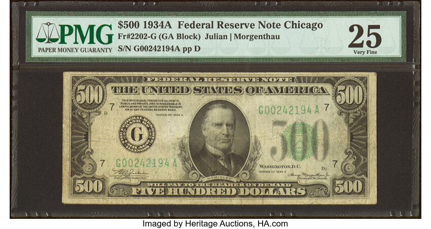 image for: Fr. 2202-G $500 1934A Federal Reserve Note. PMG Very Fine 25....