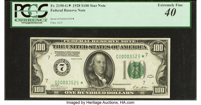 image for: Fr. 2150-G* $100 1928 Federal Reserve Star Note. PCGS Extremely Fine 40....