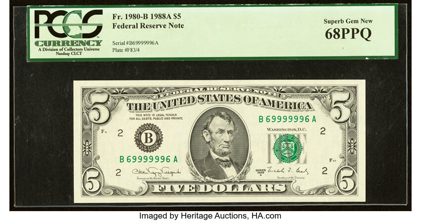image for: Super Radar Flipper 69999996 Fr. 1980-B $5 1988A Federal Reserve Note. PCGS Superb Gem New 68PPQ....