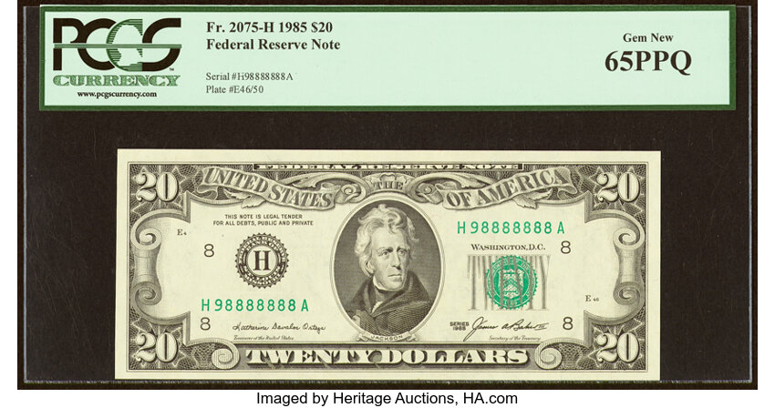 image for: Near Solid Serial Number 98888888 Fr. 2075-H $20 1985 Federal Reserve Note. PCGS Gem New 65PPQ....